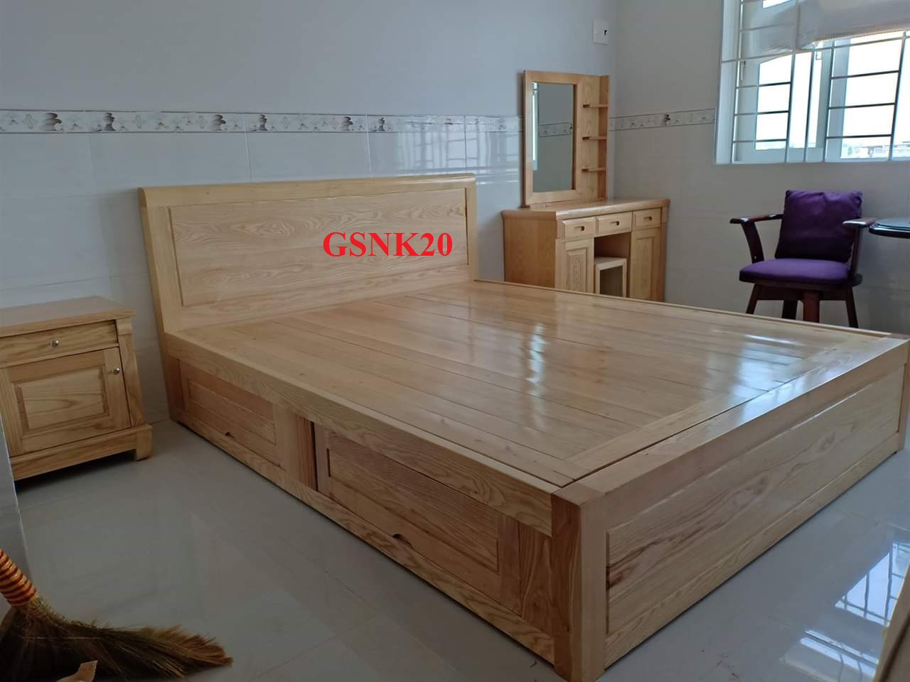 giường ngăn kéo gỗ sồi, giường gỗ sồi, giường thông minh