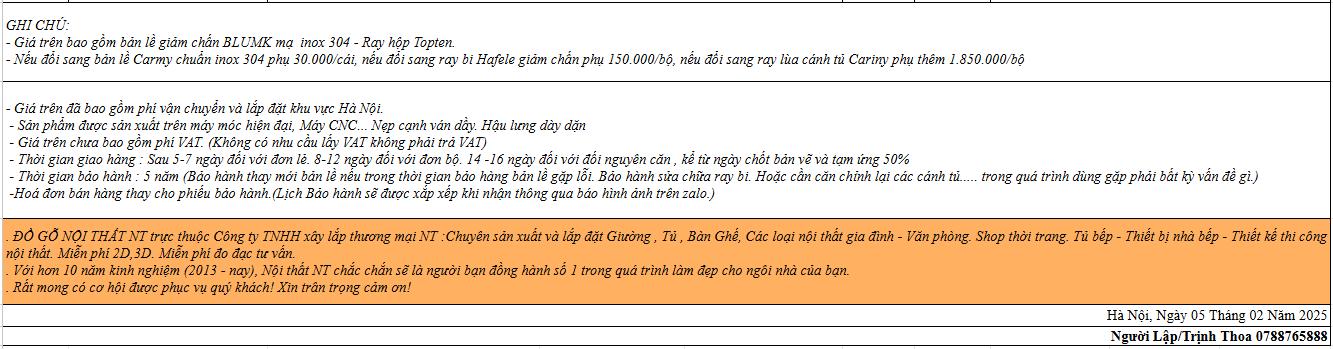 Bảng giá phòng bếp