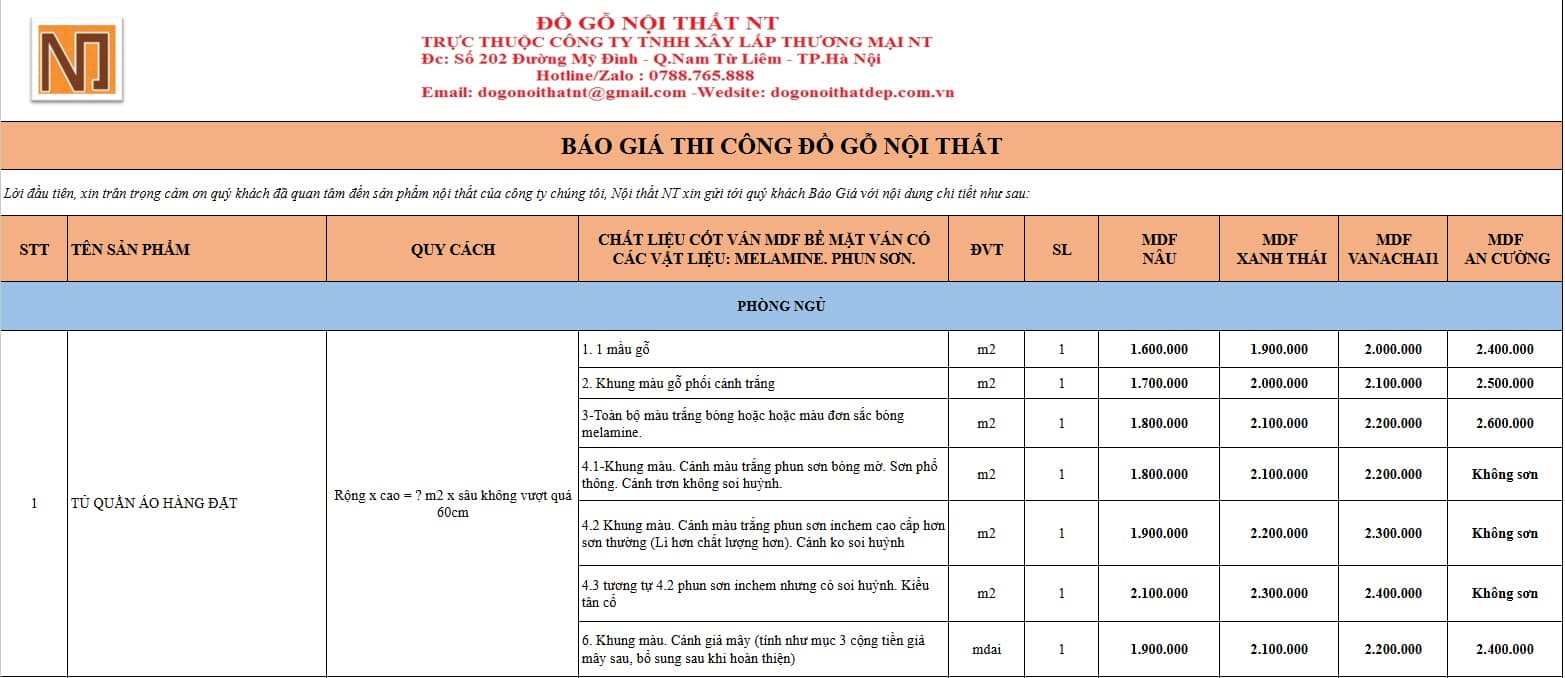 bảng giá phòng ngủ