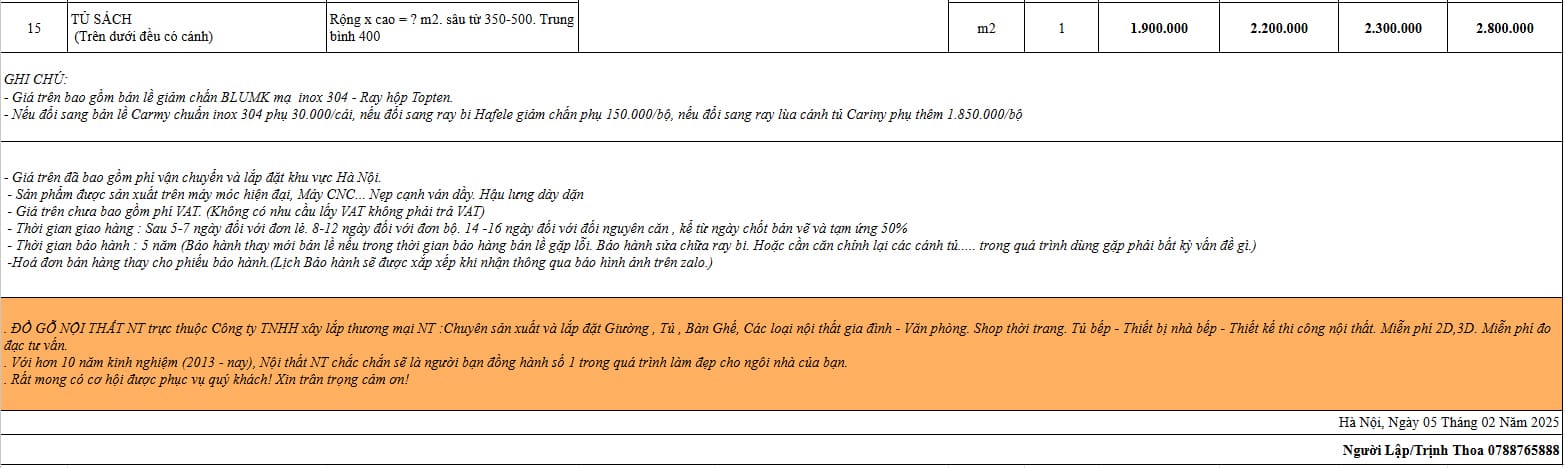 bảng giá phòng ngủ