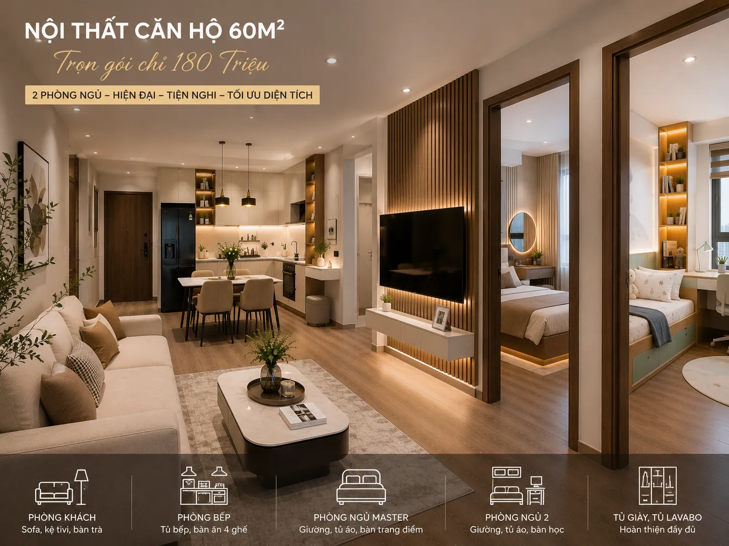 Báo Giá Nội Thất Căn Hộ 60m2 Chi Tiết – Thiết Kế Thi Công Trọn Gói