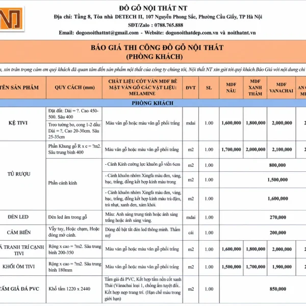BÁO GIÁ THI CÔNG NỘI THẤT PHÒNG KHÁCH